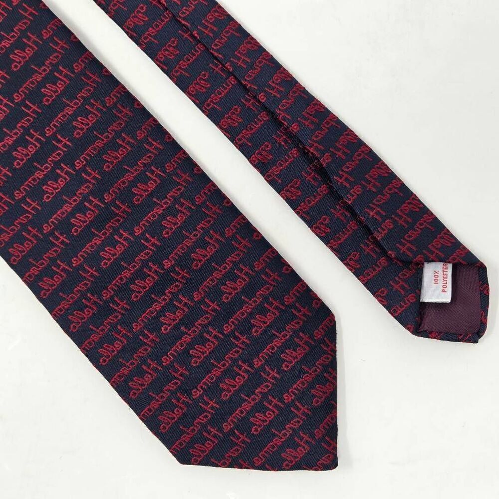 ALYNN HELLO HANDSOME VINTAGE POLYESTER TIE BLUE RED REVERSE SCRIPT 3" X 57"